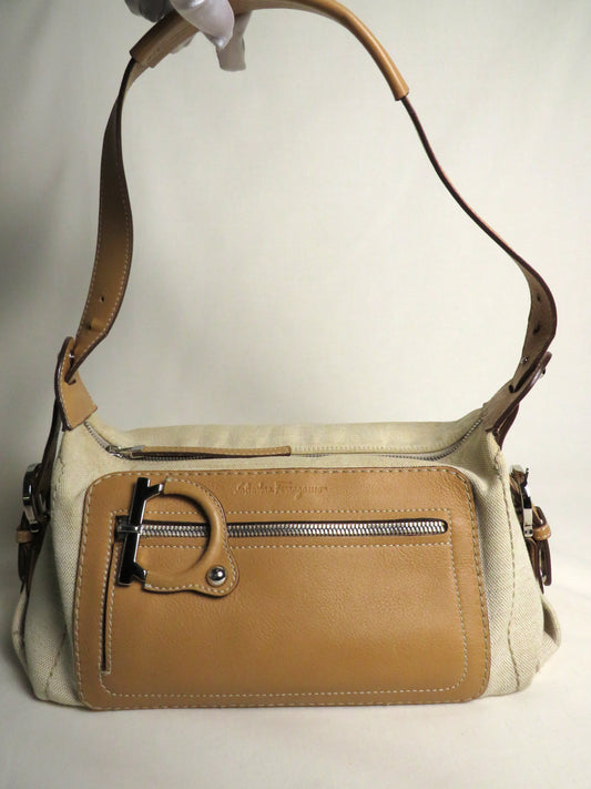 Salvatore Ferragamo Beige Canvas Shoulder Bag