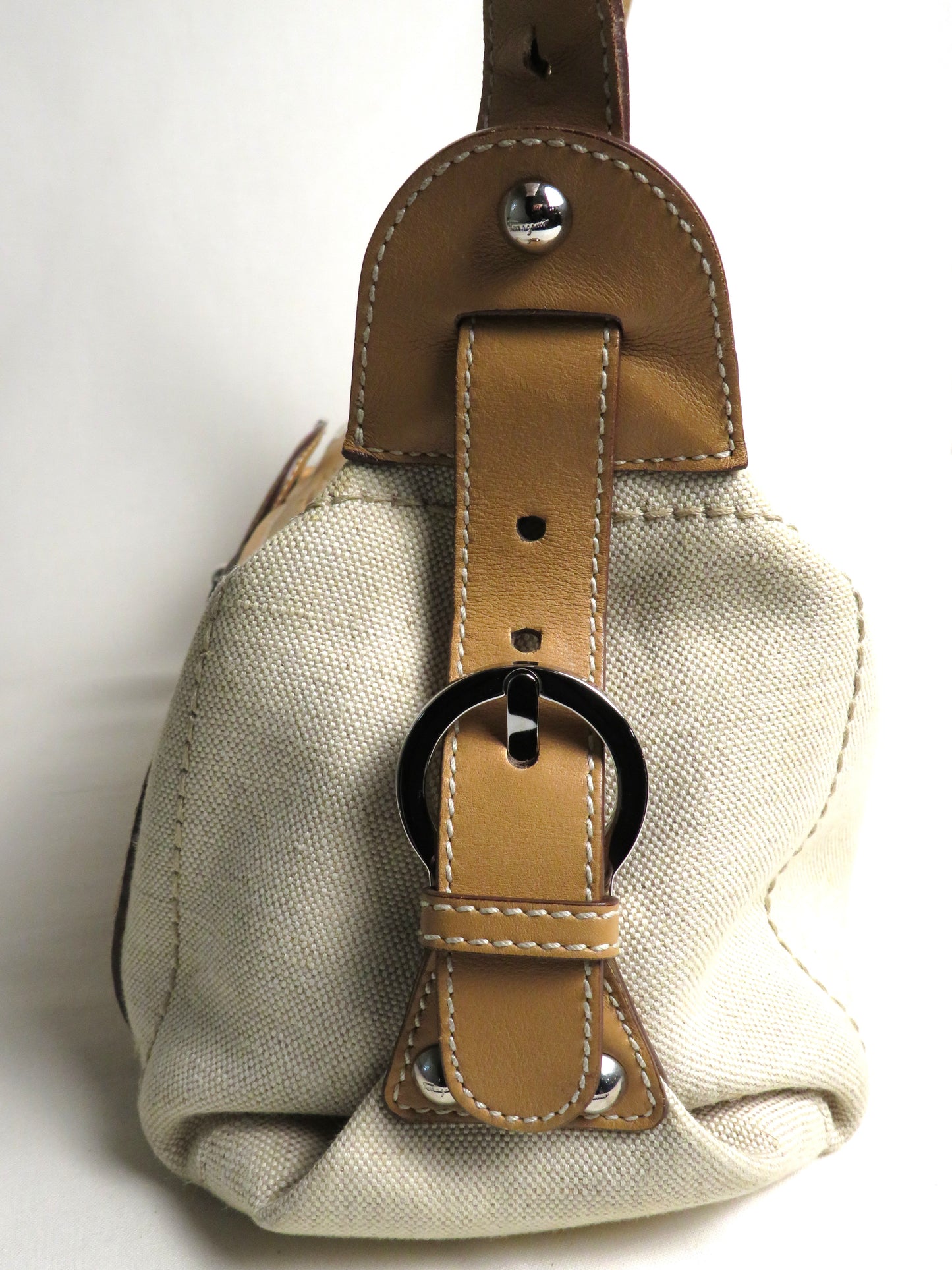 Salvatore Ferragamo Beige Canvas Shoulder Bag